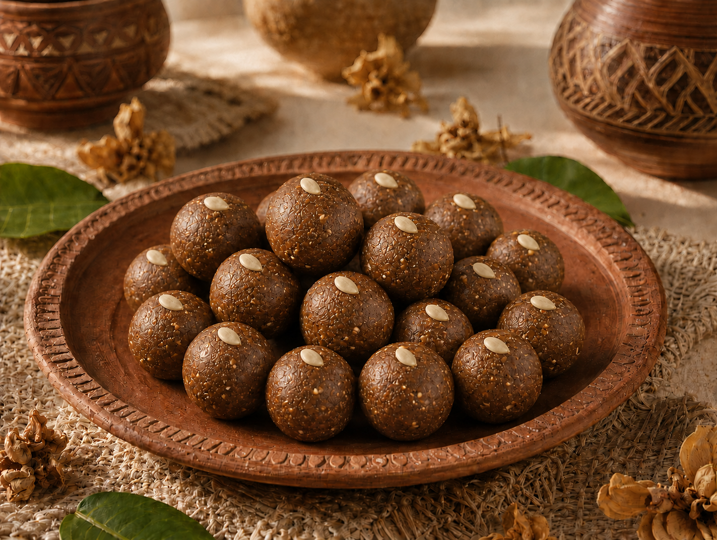 Smooth handmade Mahua laddus topped individually with white pumpkin seeds on a traditional terracotta plate